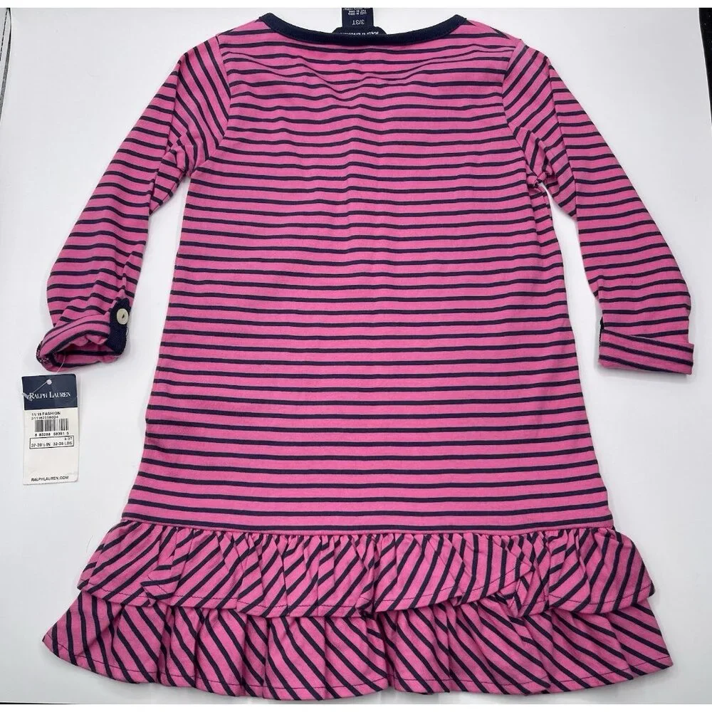 Ralph Lauren‎ Dress Girls Toddler Size 3T Pink Blue Striped Ruffle Long Sleeve